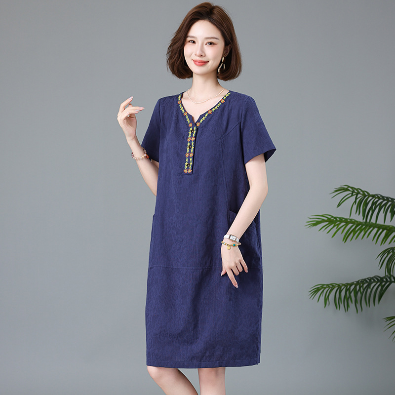 妈妈纯棉连衣裙2025夏季新款中老年女夏装中长款大码宽松洋气裙子|undefined