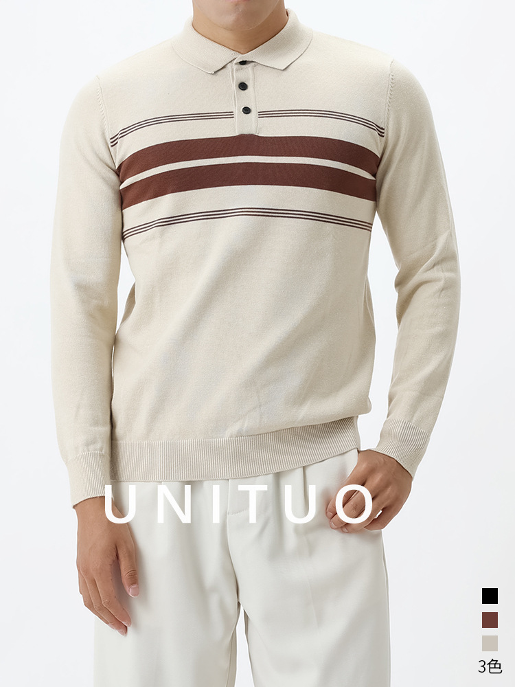 Camiseta de polo de lujo ligero de hombre de manga larga, camiseta a rayas delgada, suéter casual de negocios, camiseta de punto, camiseta superior