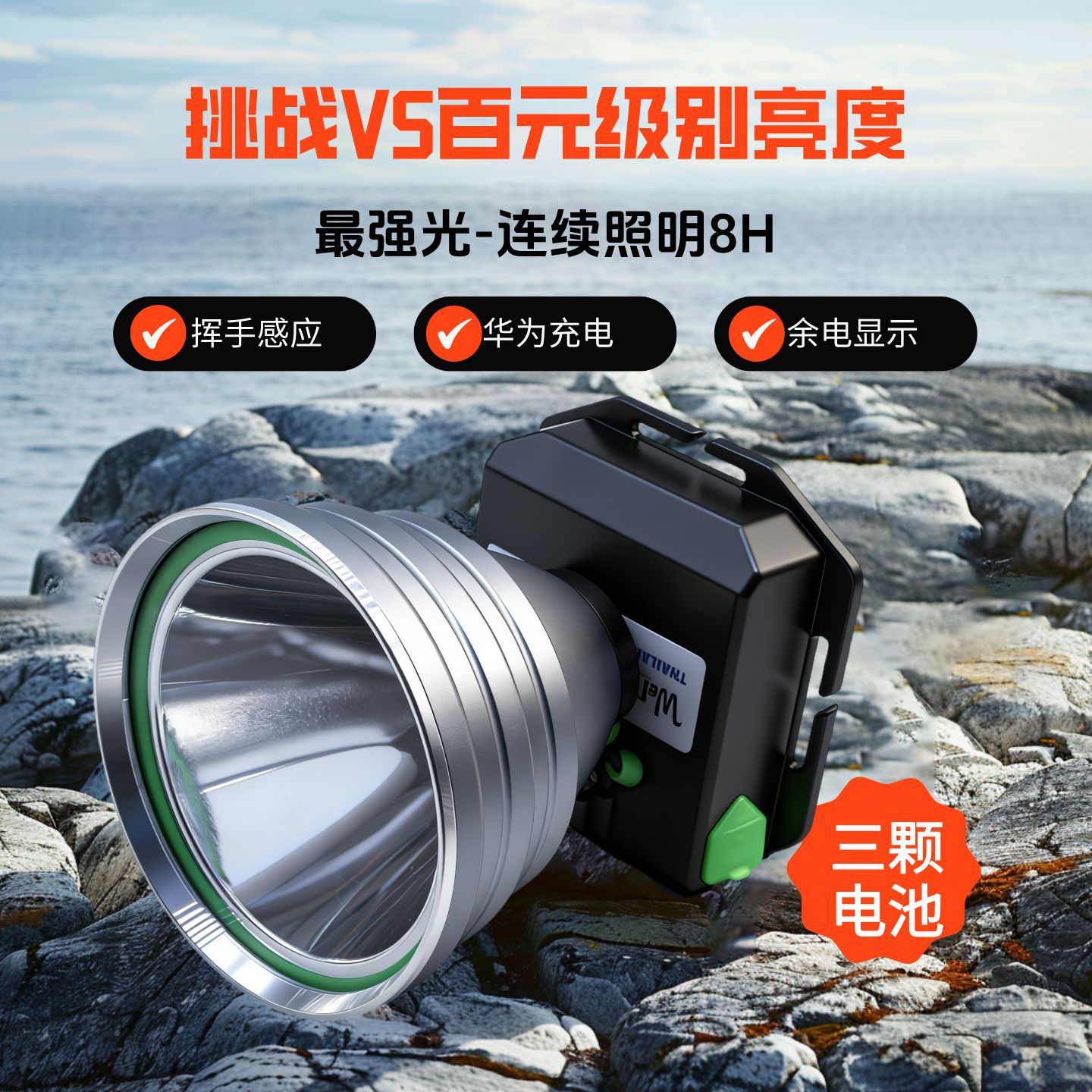 逐光HL9999超级激光炮头灯100W 强光远射挥手感应快充头戴式电筒