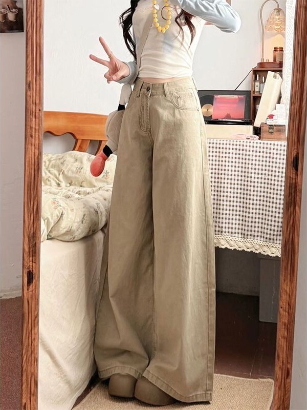 American-Style Khaki High-Waisted Wide-Leg Jeans for Women, New Spring and Summer Style, Loose Fit, Slimming, Versatile, Relaxed Straight-Leg Long Pants