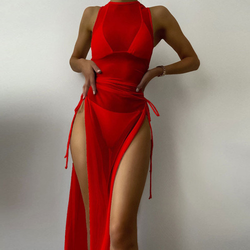 2024 new AliExpress swimsuit bikini three-piece European and American sexy multi-color mesh cover-up gauze beach swimsuit