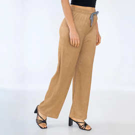 跨境外贸欧美新款长裤高腰直筒休闲裤带花边的抽绳阔腿裤松紧裤