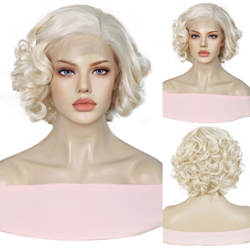 Marilyn Monroe Wig European and American White Gold Women's Front Lace Chemical Fiber Wig Fashionable Short Curly Hair