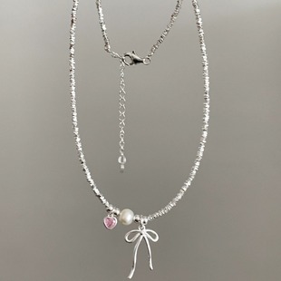 Chenxi Bow Pink Diamond Pearl Silver Necklace Accessories Women's High-end Clavicle Chain Light Luxury Niche Neck Chain
