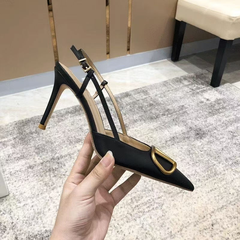 Metal Buckle 2025 Summer New Pointed Toe Stiletto Sandals for Women Nude Color Heightening French Back Hollow High Heels Elegant Flats