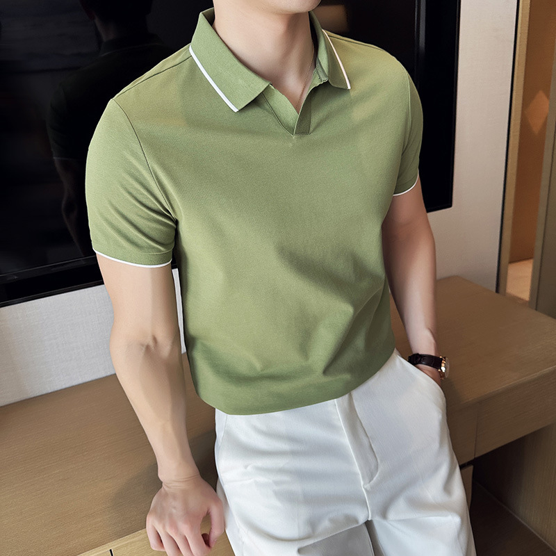 Summer Mercerized Pique Cotton Lapel Short-Sleeved Polo Shirt Men's Business Accessible Luxury Pure Color Casual Top V-Neck T-Shirt Trendy