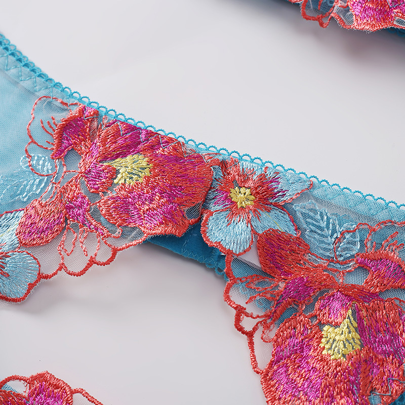 Sheer Colourful Floral Embroidered Lingerie Set