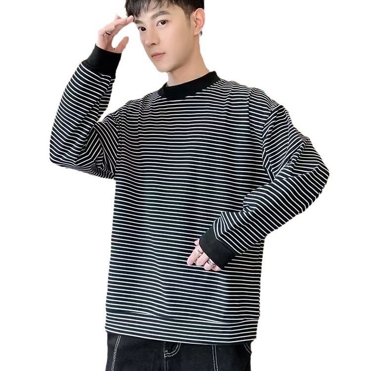 boy Autumn Winter Black White Striped Base Shirt Half High Collar Inner Layer European Hip Hop Top Long Sleeve American_voghion.com
