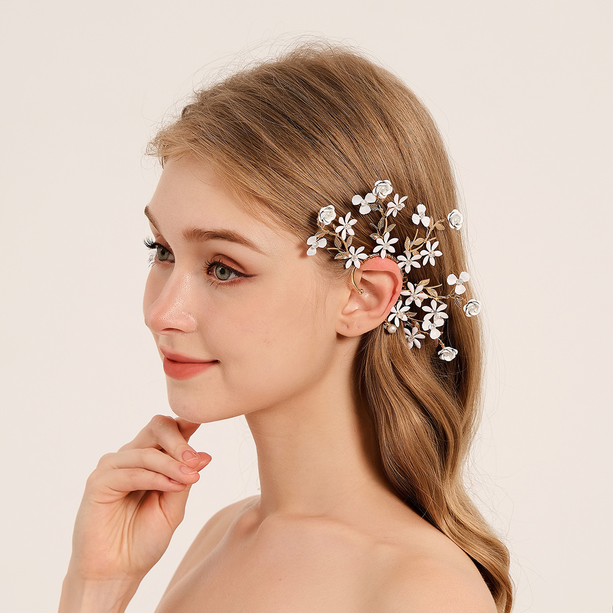 Retro Earrings,Alloy Flowers And Leaves,Ear Bone Clips,Niche High-end Non-pierced Earrings,Elf Ear Hangings For Women