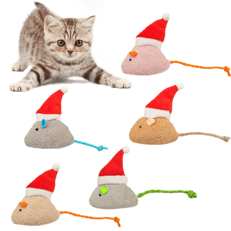 Cat Toy Mouse with Christmas Hat, Self-Entertaining Cat Toy, Colorful Plush Mouse, Cat Toy for Cross-Border Supply