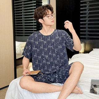 夏装短袖绵绸睡衣男士青少年可外穿夏季棉绸家居服套装夏天加大码