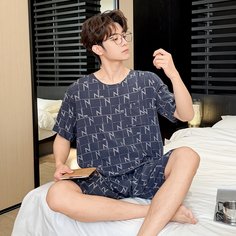 Summer Short-sleeved Cotton Silk Pajamas Men's Teenagers Can Wear Summer Cotton Silk Home Clothes suit Summer Plus Size