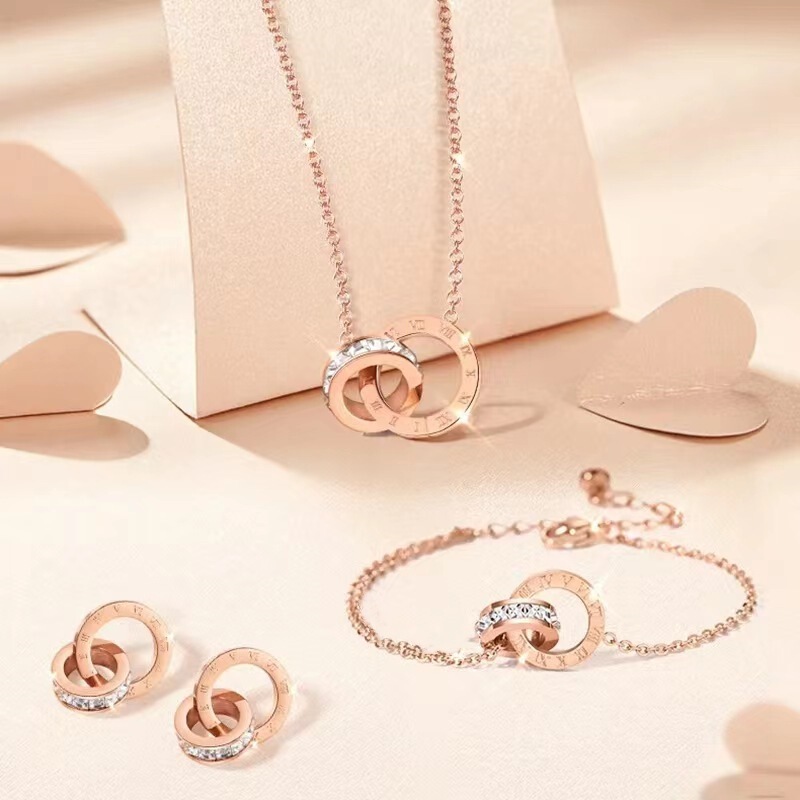 Double ring Roman digital inlaid zircon jewelry suit fashion stainless steel bracelet bridal earrings Jewelry necklace three pieces