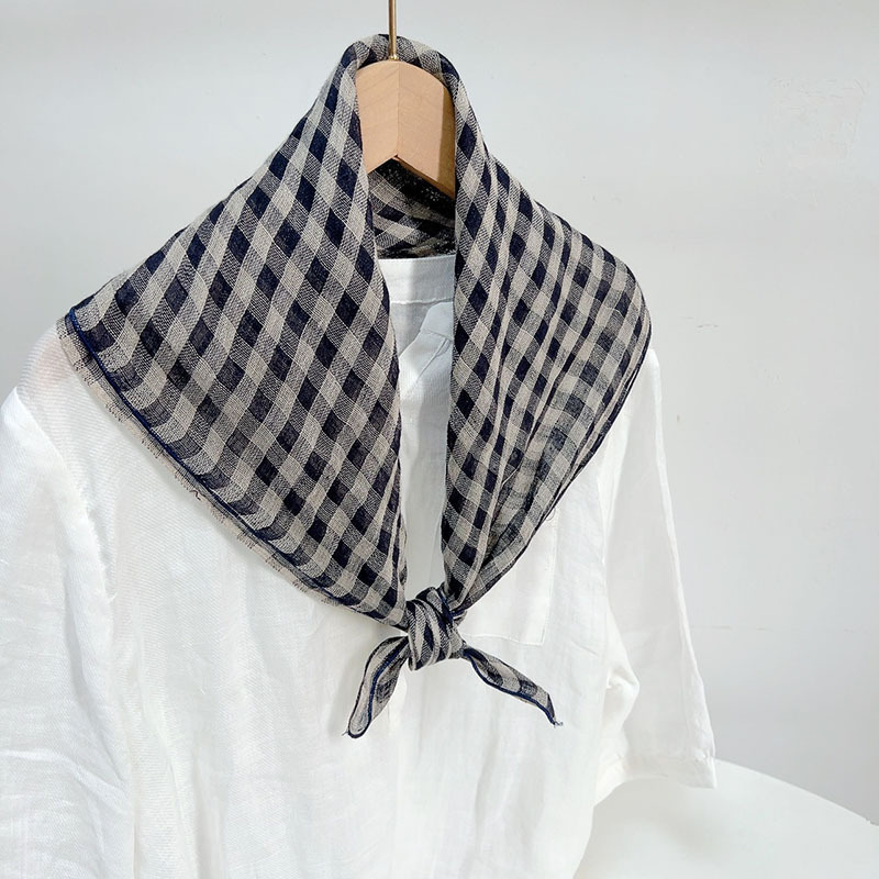 Retro Karomuster Leinen Seidenschal Damen Sommer Halstuch Accessoire_voghion.com