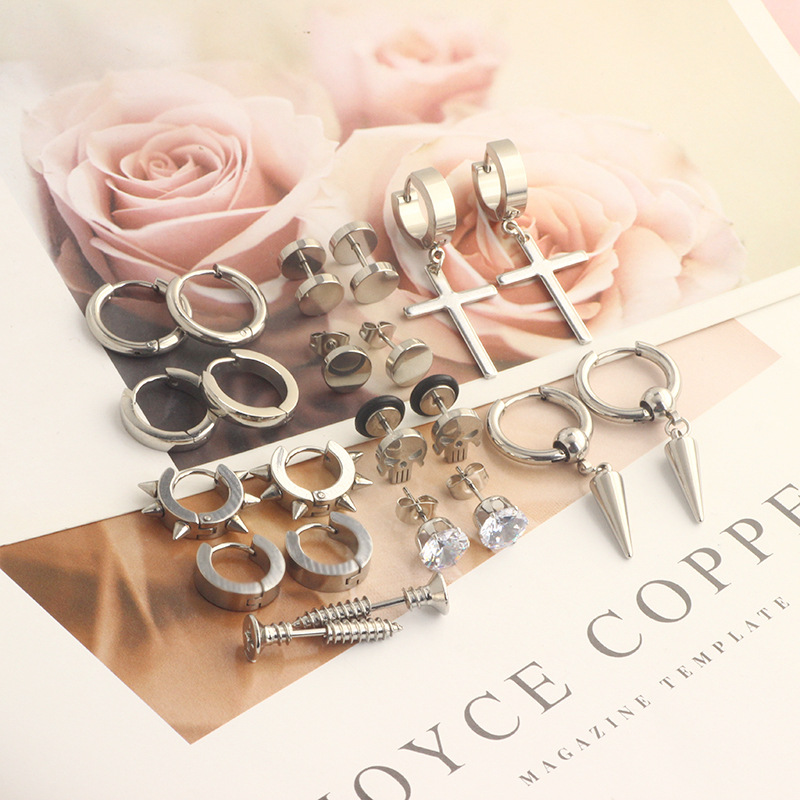 Men's Stainless Steel Earrings Cross Black Round Barbell 11 Pairs Fashion Ear Piercing Set detail image 10