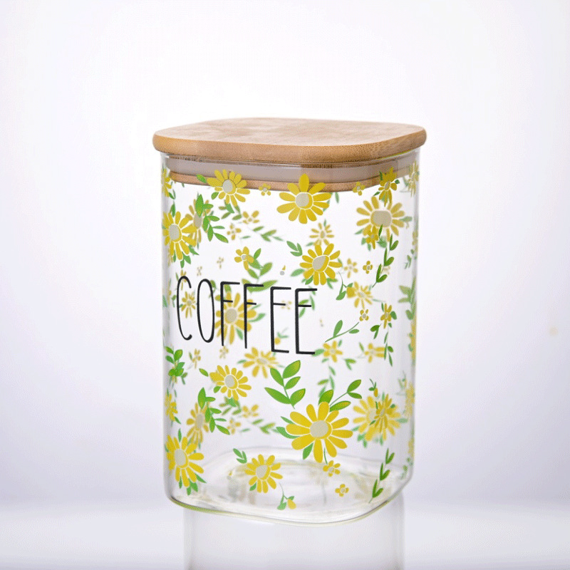 Tanque de almacenamiento cubierta de madera de bambú cuadrado tanque de sellado de cocina granos de cereales dulces jarro de té jarro de sellado de vidrio doméstico