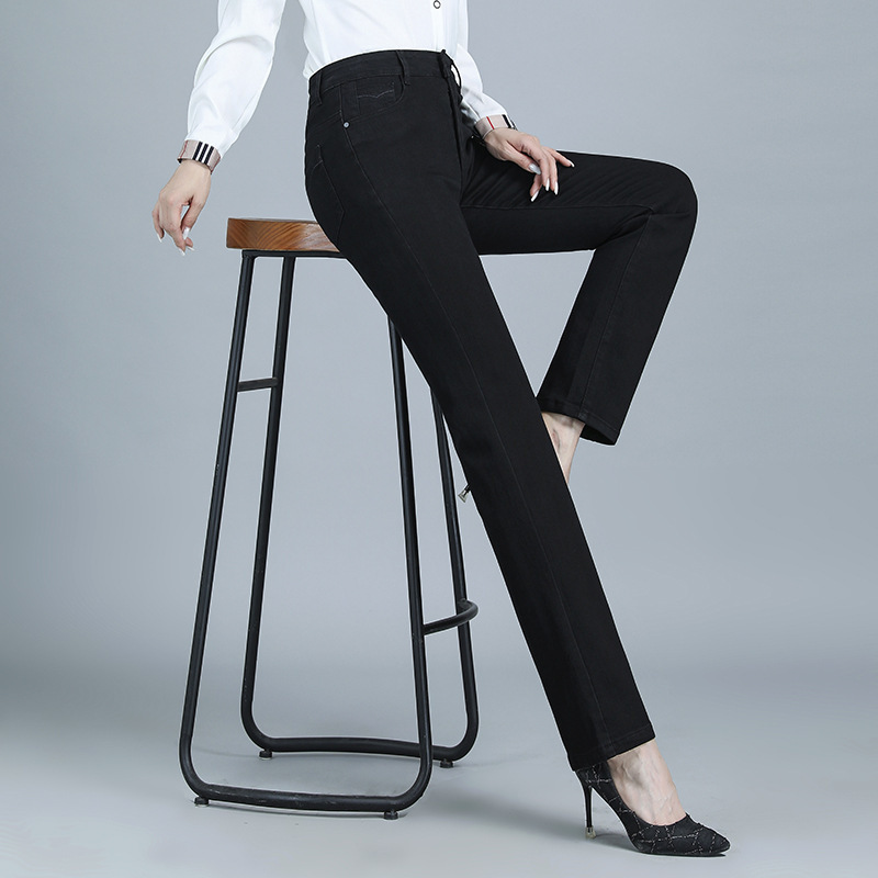 Black Straight-Leg Jeans, Plus-Size, for Middle-Aged Women, High-Waisted, Stretchy, Slim-Fit, Spring 2026