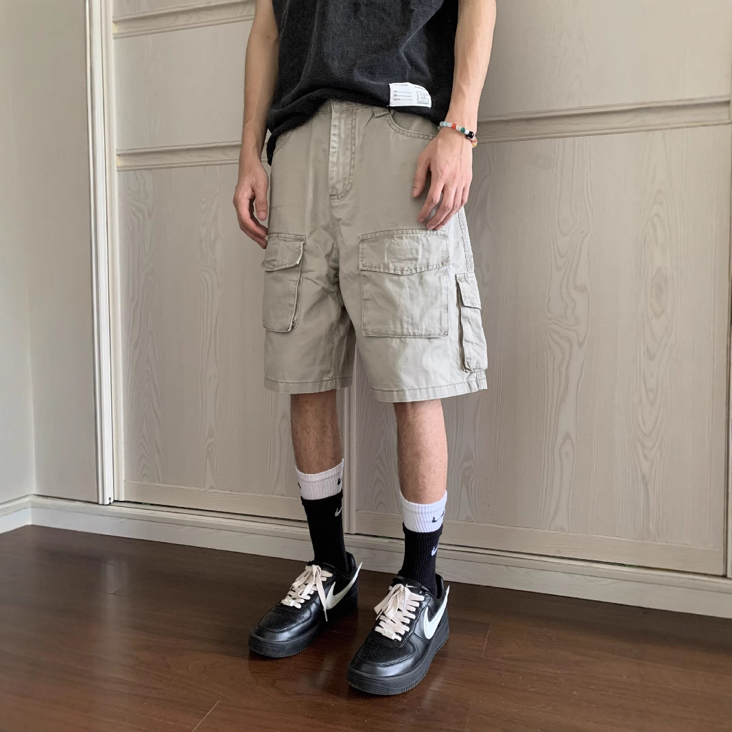 American Retro Multi-Pocket Cargo Shorts Men Japanese Style Summer New Casual Loose Washed Straight Casual Pants
