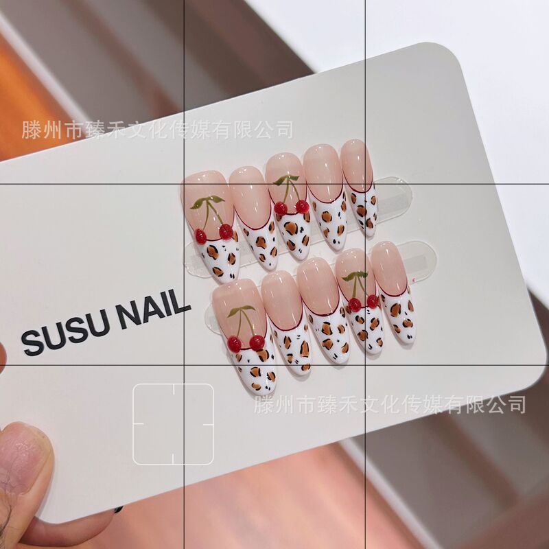 [Leopard Print Cherry] Handmade Finished Products Wholesale High-End Whitening Effect French Nail Stickers Full Adhesive Backing