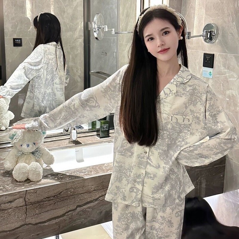 2025 New [D Home Memory] Printed Ice Silk Pajamas Women's Suit Loose Thin High-End Home Clothes
