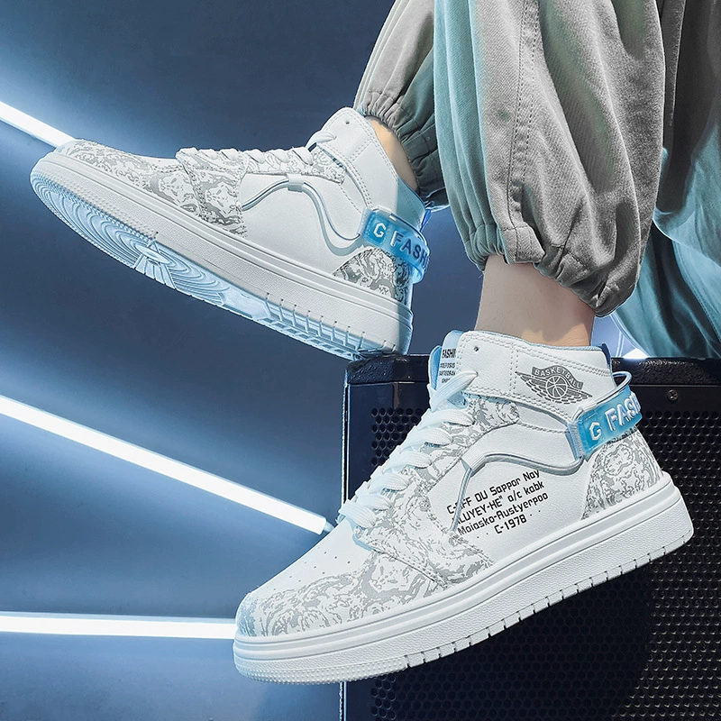 2023 Four Seasons, новые мужские повседневные туфли с высоким берцем, модные белые туфли в Корейском стиле, мужская обувь на плоской подошве на шнуровке