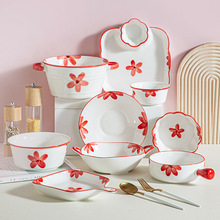 ins網紅創意紅墨蘭新款套裝釉下彩碗盤碟中國紅陶瓷餐具套裝批發