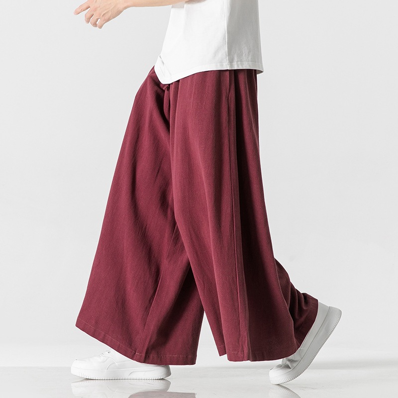 Spring and Summer 2024 New plus size Japanese Cotton and Linen Pants Chinese Style Linen Harlan Straight Leg Wide-leg Culottes Men's Trousers