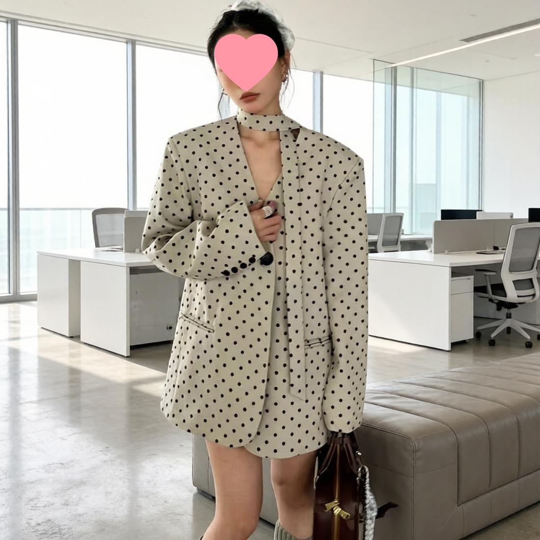 New style ribbon-shaped polka dot petite blazer with a fashionable retro wide-cut Korean-style loose fit