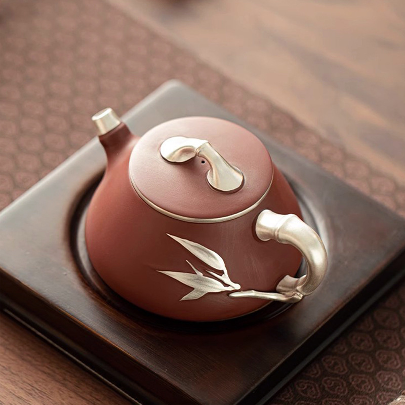 Dahongpao purple sand stone ladle pot silver gilt festival high rise ceramic household teapot tea set single pot large tea maker Dahongpao purple sand stone ladle pot silver gilt festival high rise ceramic household teapot tea set single pot large tea maker