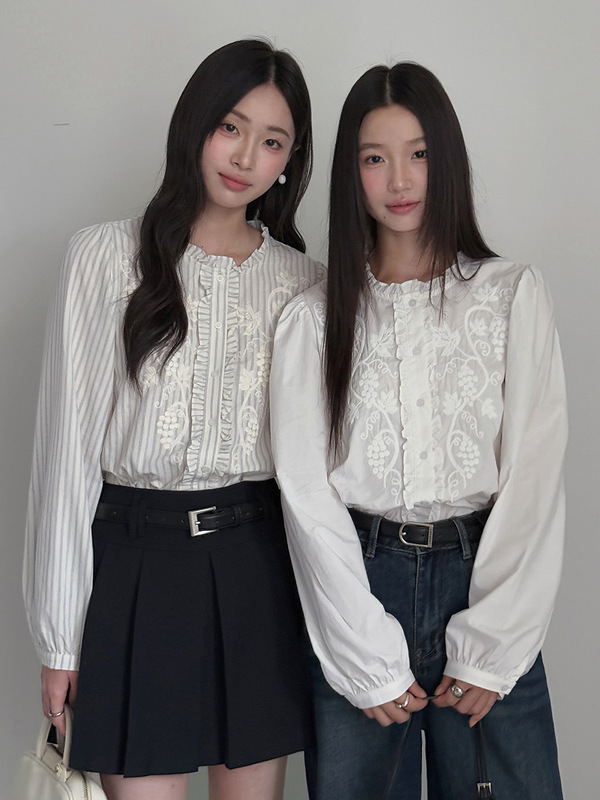 【氤氲梦】歌铭法式复古木耳边条纹刺绣衬衫女秋季通勤上衣N470C|undefined