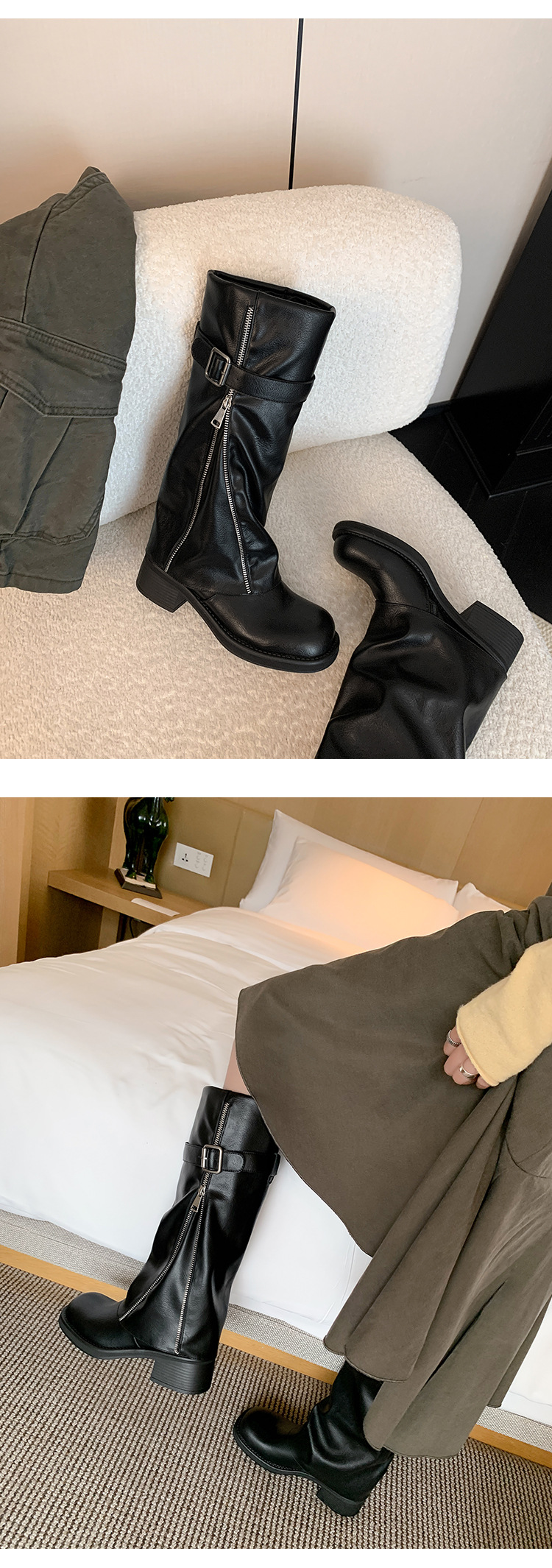 Boot nữ cổ cao ôm bắp chân da thật mũi tròn gót vuông Chunky khóa thắt lưng — màu đen, nâu đậm chi tiết 19
