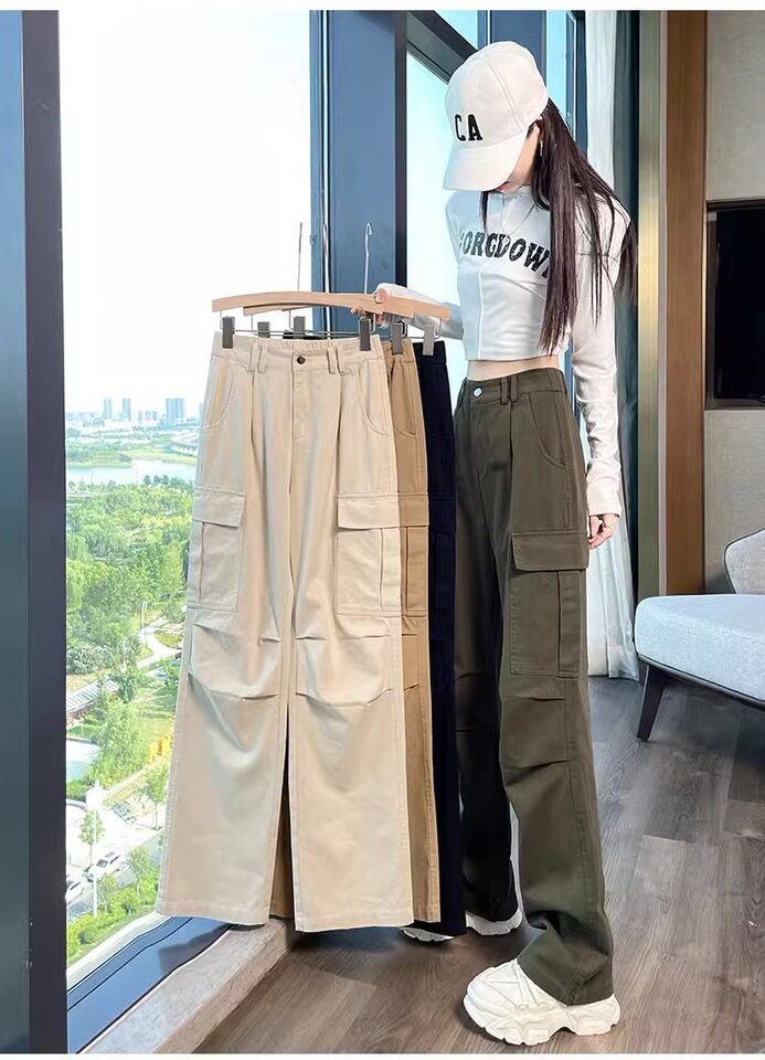 Quần cargo ống thẳng nữ dáng suông lưng cao phong cách thoải mái — Kaki (người đàn ông nhỏ), Kaki (thông thường), Màu đen (thân hình nhỏ), Màu đen (thông thường) chi tiết 26