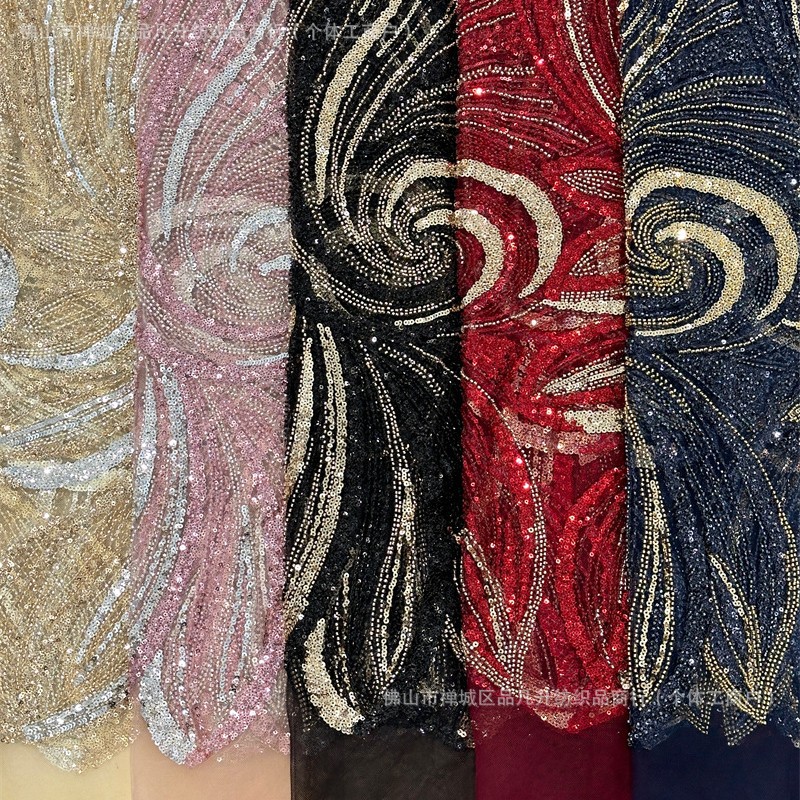 Tejido de cuentas de tubo de cuentas de sequinado tejido bordado alto estilo europeo, americano, francés vestido de cena de baile vestido de boda tejido