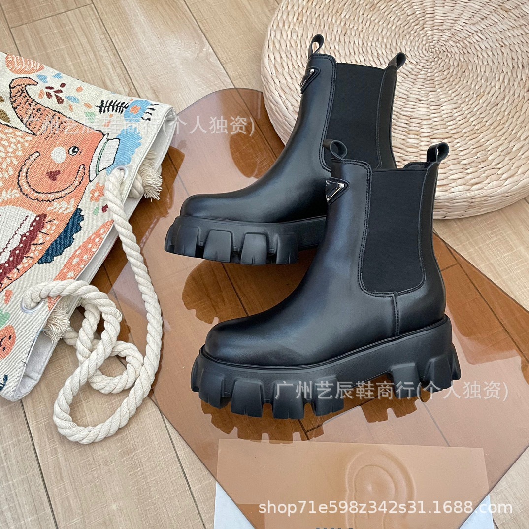 欧美经典款三角标羊毛里羊皮里厚底马丁靴女英伦风切尔西靴骑士靴