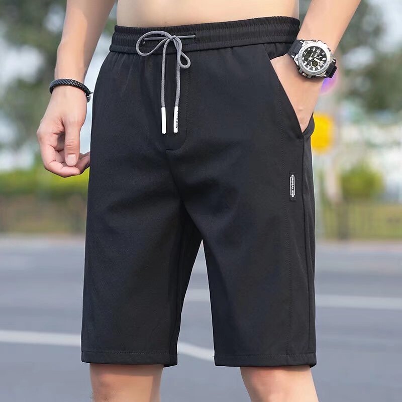 Men's Summer Shorts, Ice Silk, Thin, Breathable, Five-Point Length, Trendy, Loose Fit, Sports Casual Beach Shorts, Black