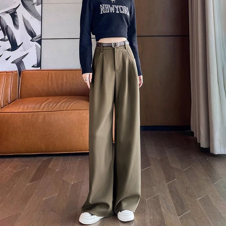 咖色西装裤女秋冬气质高腰垂感拖地宽松休闲小个子拖地直筒阔腿裤|undefined