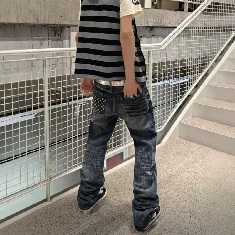 European and American street style haze blue ghost straight-leg jeans for men and women, trendy brand with bamboo pattern, vintage lightning pattern, and back pocket print European and American street style haze blue ghost straight-leg jeans for men and women, trendy brand with bamboo pattern, vintage lightning pattern, and back pocket print