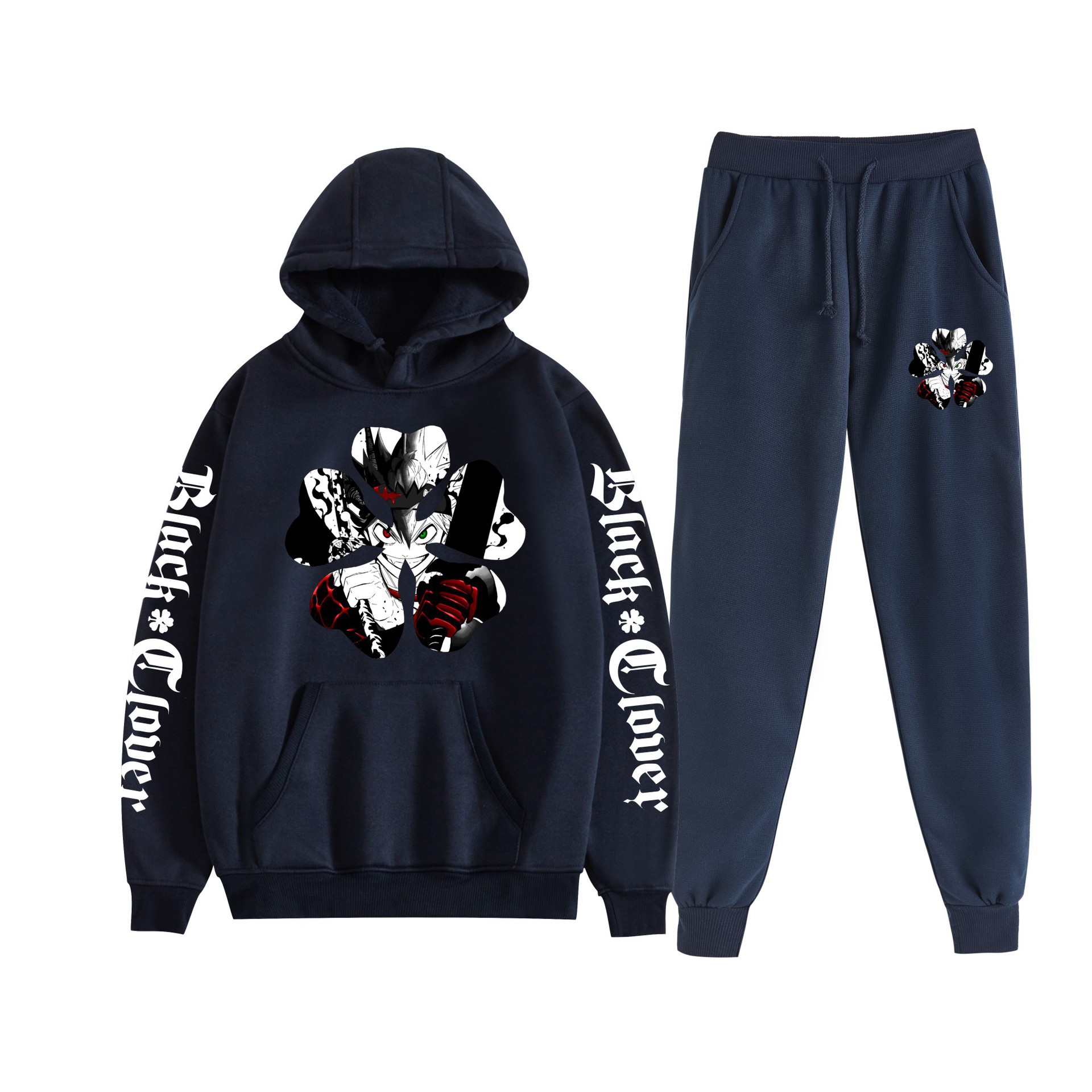 Trébol de cuatro hojas negro nuevo estilo transfronterizo Black Clover pareja suéter con capucha hombres y mujeres pantalones de dos piezas