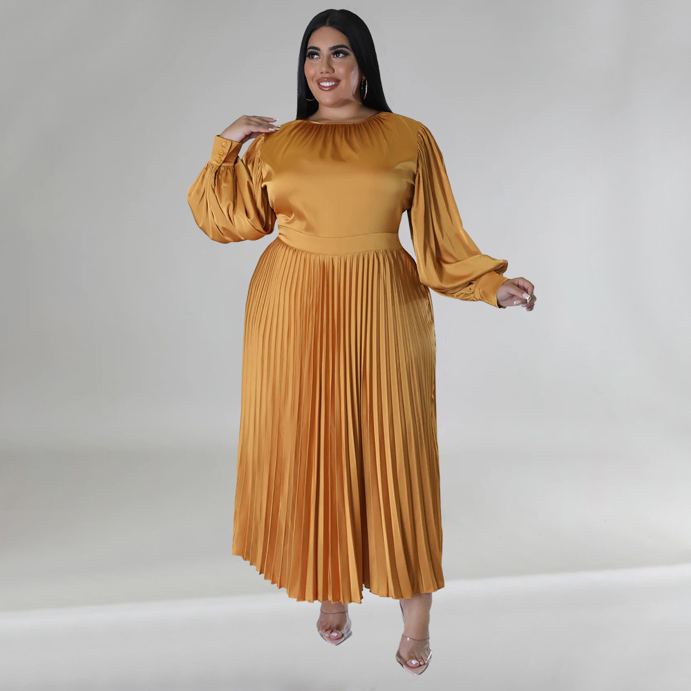 plus size solid color pleated round neck long sleeves long dress NSLNW137734