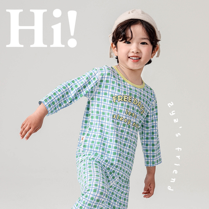 ZYZ 디자이너 어린이 홈 옷 알파벳 체크 무늬 야셀 에어컨 옷 7 소매 어린이 잠옷 세트