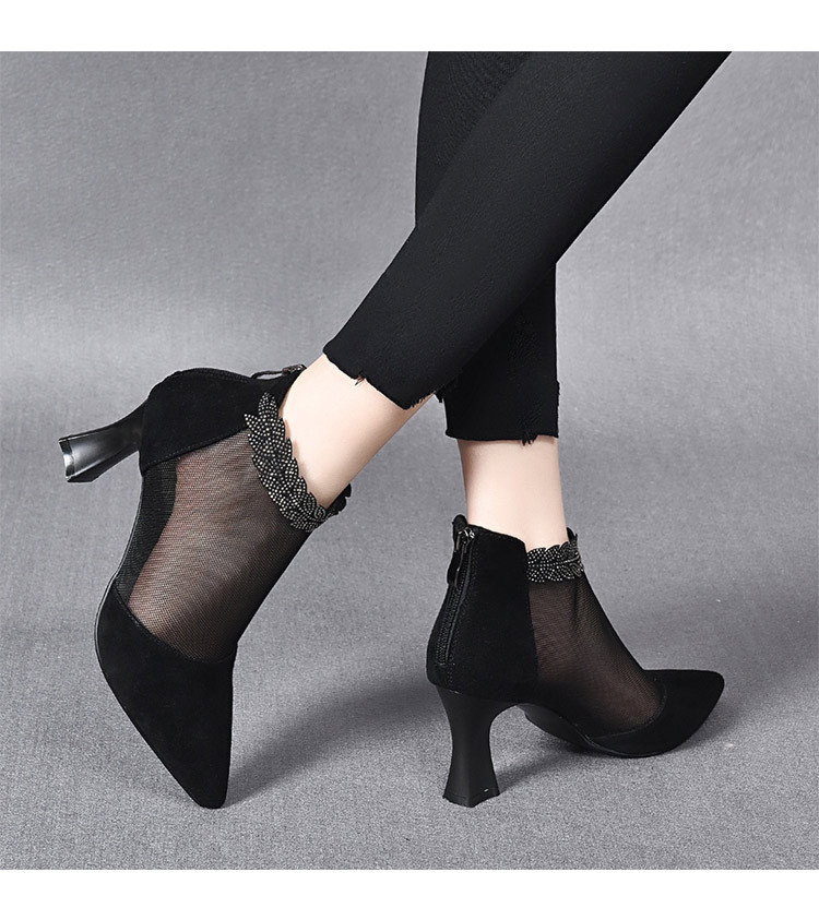 Boot lưới nữ cao gót mùa hè, cổ thấp, chất liệu da thật thoáng khí — Màu Đen Cashmere + lưới chi tiết 6