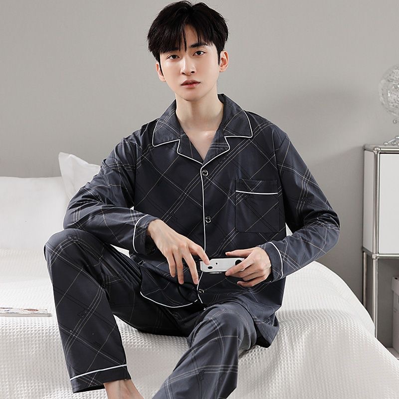 Pijamas de hombre de algodón de manga larga primavera y otoño, padre joven y de mediana edad, traje suelto de dos piezas de servicio a domicilio de talla grande
