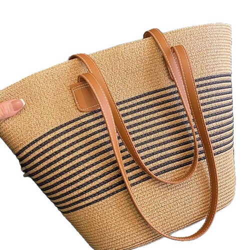 Woven straw bag for women, summer top-handle tote bag, beach bucket bag, large capacity braided single-shoulder bag, rattan straw bag, trendy