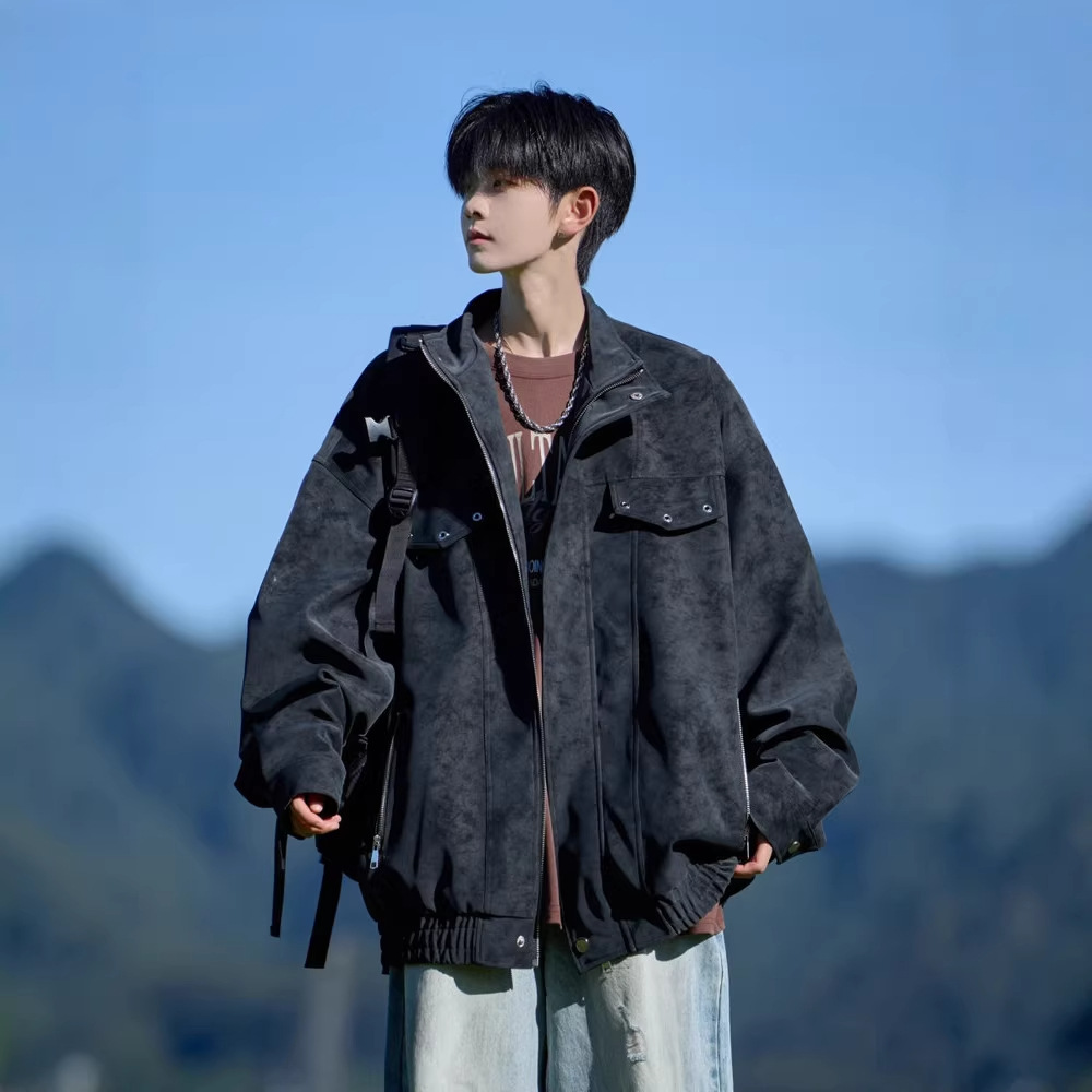 美式复古机车服PU皮夹克男加肥大码宽松潮设计感cleanfit痞帅外套