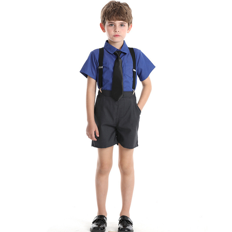Verano de moda coreana corbata de color sólido camisa de manga corta para niños correa clip pantalones cortos vestido traje de rendimiento