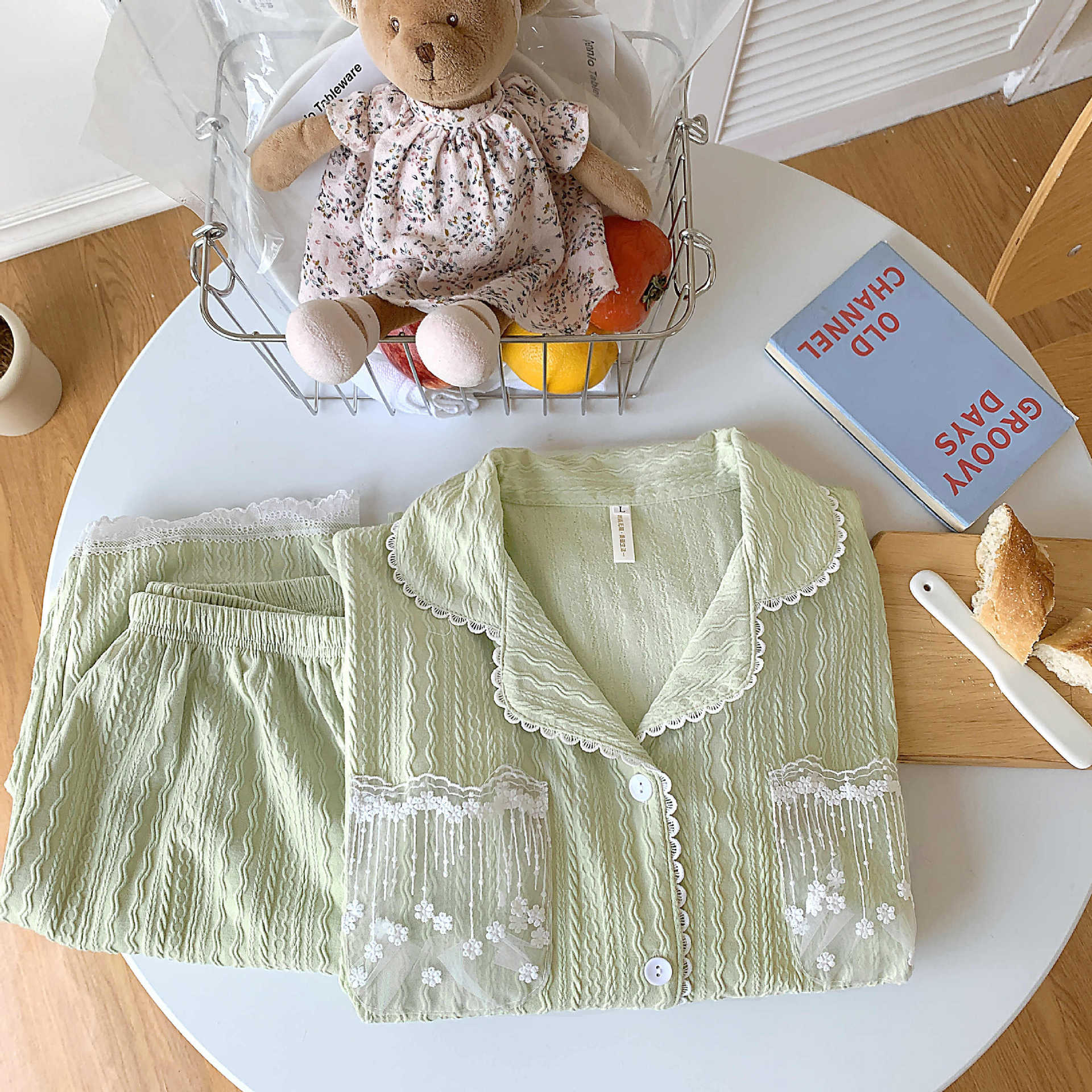 Coreano ins pijamas de las mujeres jacquard algodón solapa de algodón cardigan manga larga Otoño e Invierno hierba verde dulce chica desgaste del hogar traje