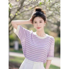 紫色条纹冰丝针织T恤短袖女夏季2025薄款小众休闲减龄超好看上衣