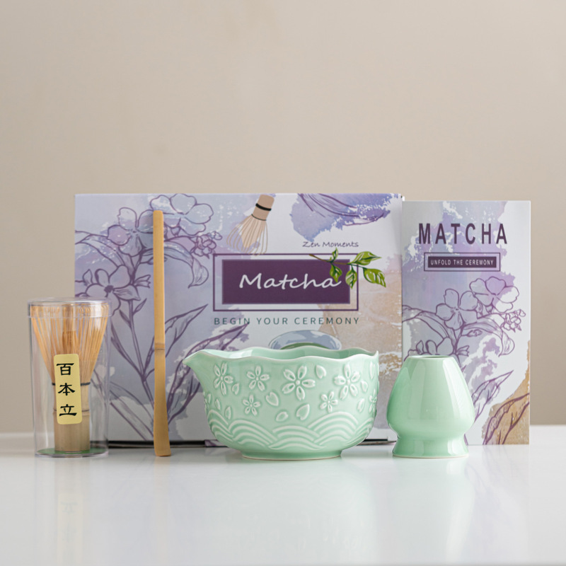 跨境樱花粉日式抹茶茶具套装7件套茶筅抹茶碗茶筅立百本立礼盒装|undefined