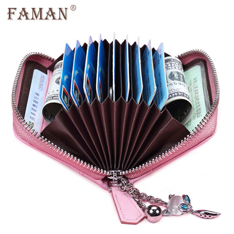 Funda para tarjeta de visita con cremallera de cuero para múltiples tarjetas de faman/Feiman para mujer, funda para tarjeta de crédito, tarjetero de piel de vaca, tarjetero coreano