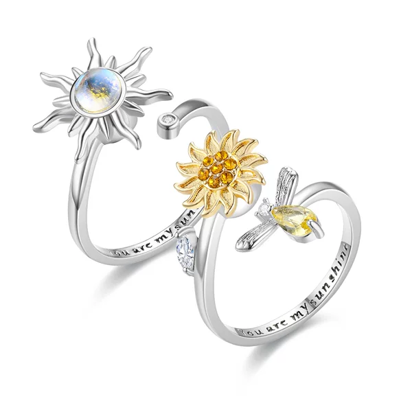 Temperament Light Luxury Ring Women's Rotating Moving Mouth Gipsophila Zircon Ring Women's European and American Cross-border Explosive Jewelry